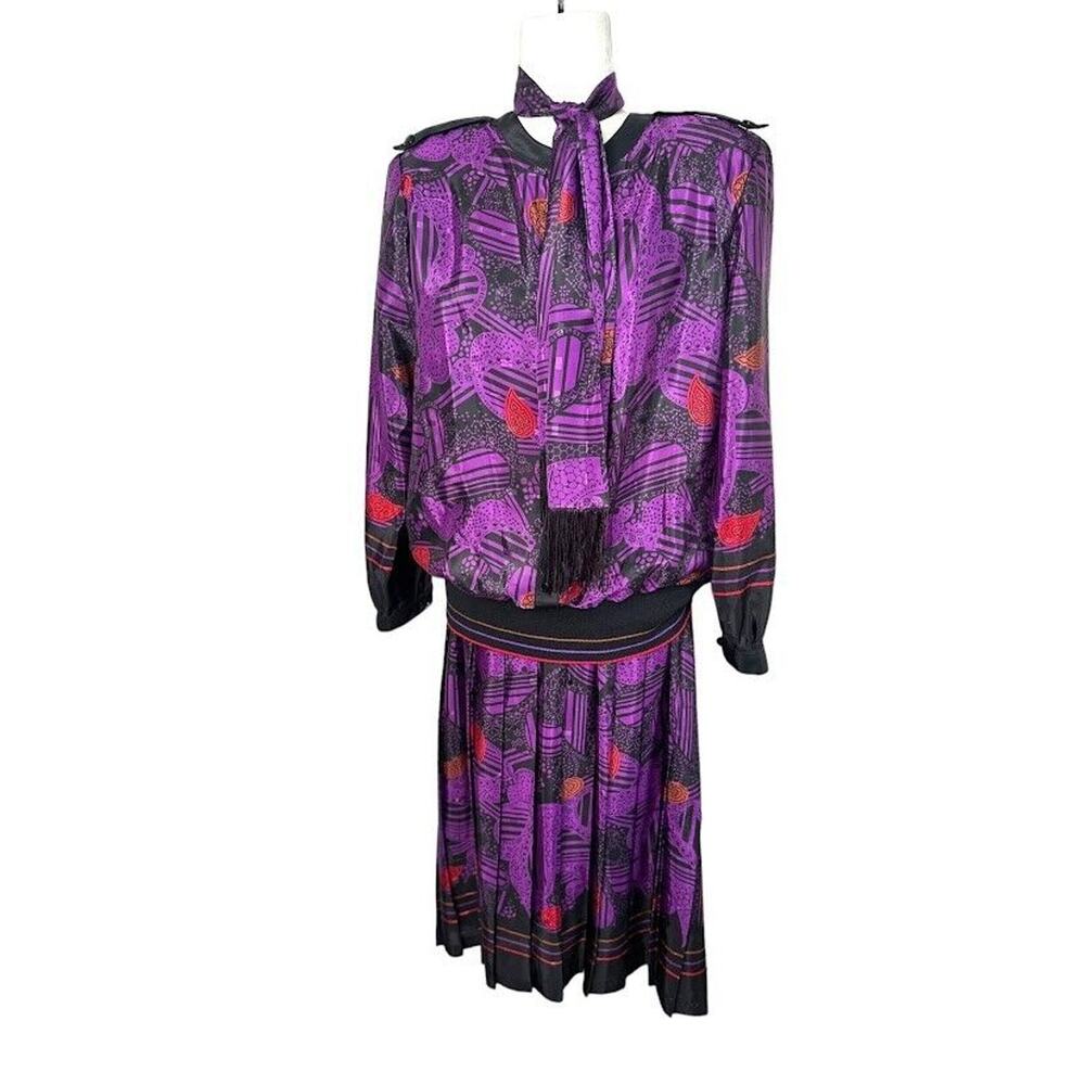 Andrea Gayle VINTAGE 80s Abstract Purple Black Midi Pleated Skirt Blouse Size 14 - Picture 1 of 16